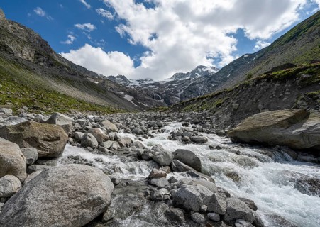 Mountain stream Waxeggbach, rocky mountain landscape, Berliner Hoehenweg, Zillertal Alps, Tyrol,