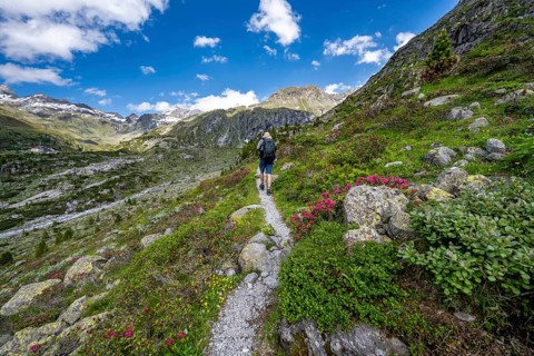 Mountaineers on a hiking trail in front of a picturesque mountain landscape, rocky mountain peaks