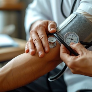 A man checks his blood pressure with a measuring device. Avoidance of bulk hypertension, scarcity,