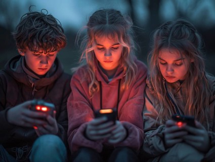 Several young people look bored at their cell phones, neglect social contacts, sport, reading, AI