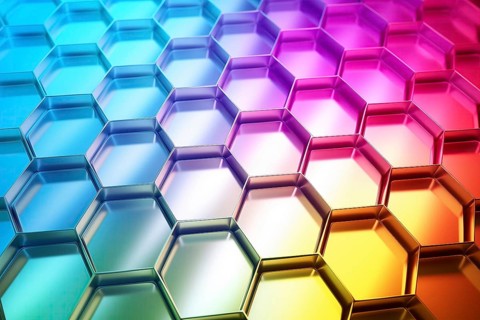Metallic honeycomb pattern illuminated with vibrant gradient colors abstract background, AI