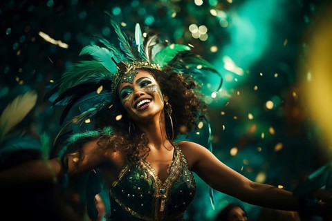 Captivating image capturing the essence of the Rio Carnival, showcasing a dancer adorned in an