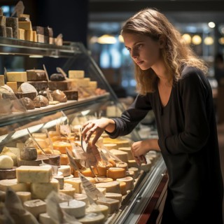 Young woman shopping in supermarket, at the cheese counter, meat counter, fruit stand, bakery, fish