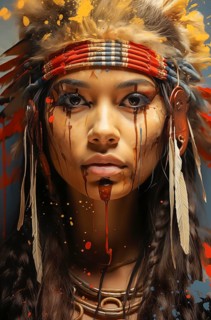 Portrait of a young woman in Indian style with feather jewellery and a serious expression, AI