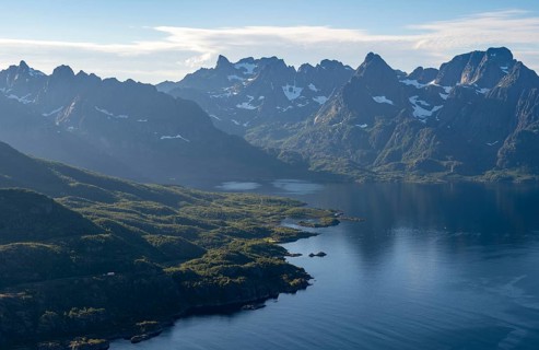 Atmospheric landscape, Raftsund fjord and mountains, view from the summit of Dronningsvarden or