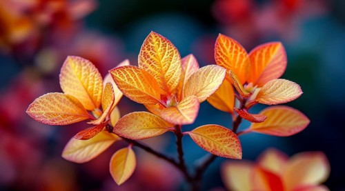 Close-up of Vivid Berberis thunbergii orange and yellow leaves showing detailed veins, AI generated
