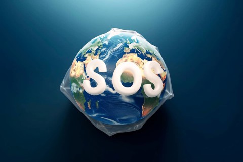 Planet earth in plastic bag with SOS letters. Earth pollution concpet. KI generiert, generiert AI