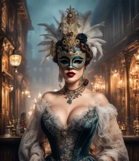 Woman in a grandiose masquerade costume and mask standing in a luxurious, baroque environment in