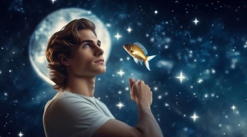 A young man Pisces according to the zodiac sign with brown hair and blue eyes with a fish in his