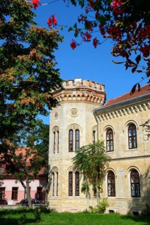 Historic building with battlements under a clear blue sky, surrounded by nature and blooming