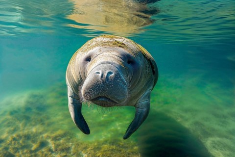 A manatee or west indian manatee (Trichechus manatus) swims leisurely in clear blue-green water, AI