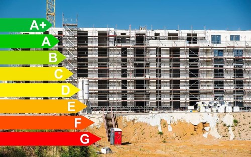 New development area of a residential neighbourhood, graphic with energy efficiency classes for