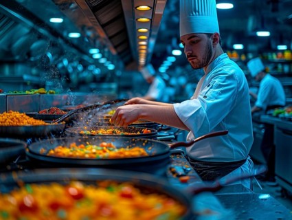 Chefs in a commercial kitchen at work, AI generated