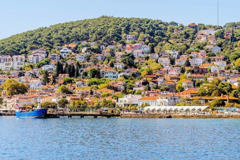 Houses on Princess Island and tanker docked in harbor in Turkey