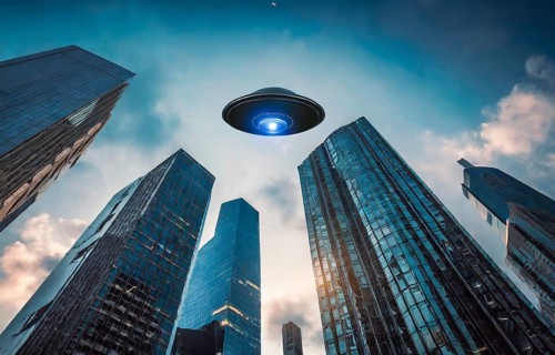 Science fiction, space travel, a UFO, a spacecraft of extraterrestrial beings, hovers over the