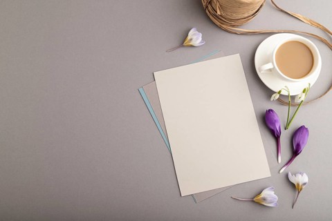 Gray paper sheet mockup with spring snowdrop crocus and galanthus flowers and cup of coffee on gray