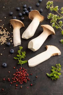 King Oyster mushrooms or Eringi (Pleurotus eryngii) on black concrete background with blueberry,
