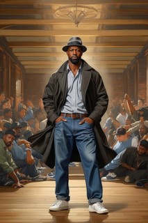 Illustrated african american 40s man in a fedora and trench coat stands confidently with a crowd