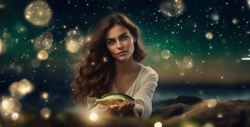 Young woman Pisces according to the zodiac sign with brown hair and blue eyes with a fish in her