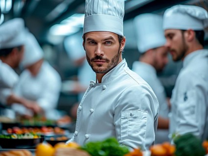 Chefs in a commercial kitchen at work, AI generated