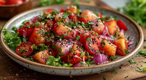 Mediterranean fresh and appetizing tomato salad with lettuce, red onion, and parsley in a seasoned