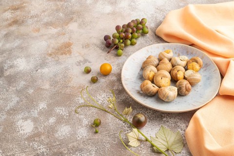 Grape (Burgundy) snails with butter and cheese on brown concrete background and orange textile.