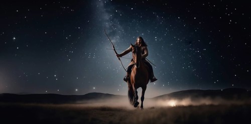 Young man Sagittarius according to the zodiac sign with a bow in his hands with dark hair and green