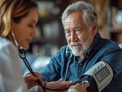 A man checks his blood pressure with a measuring device. Avoidance of bulk hypertension, scarcity,