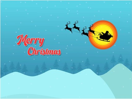 A festive Christmas scene with Santa's sleigh flying over snowy landscape