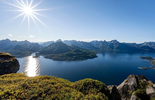 View of Ulvagsundet fjord and mountains, view from the summit of Dronningsvarden or Stortinden,