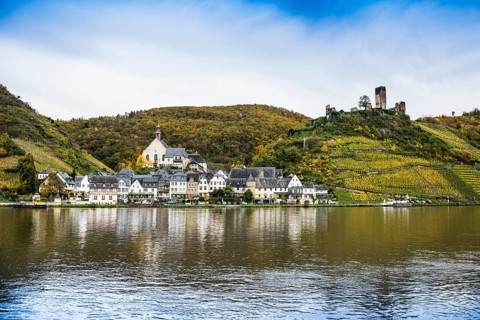 Vineyards in autumn colours and picturesque village, Beilstein, Moselle, Rhineland-Palatinate,