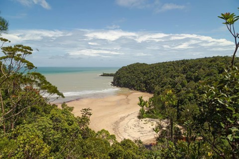 Bako national park, sea sandy beach, sunny day, blue sky and sea. Vacation, travel, tropics