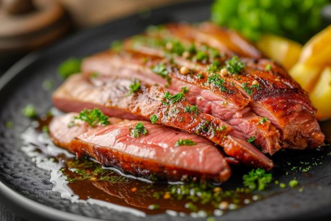 Duck breast with caramelised crust and herb garnish on a black plate, KI generated, AI generated