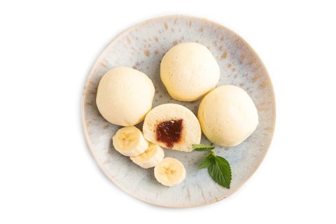 Japanese rice sweet buns mochi filled with jam isolated on white background. top view, flat lay,