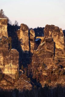 View from the Rauenstein to the Bastei rocks, winter evening, Saxony, Germany, Europe