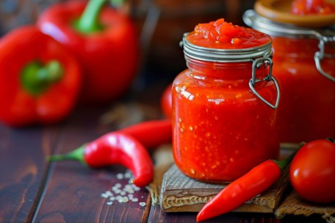 Chilli pepper jam in a preserving jar with metal lid on a wooden table, KI generated, AI generated
