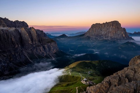 Blue hour with peaks of the Sella massif, Corvara, Dolomites, Italy, Europe