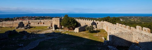 Panoramic picture, overview of a fortress with a view of the sea and the horizon, Chlemoutsi, high