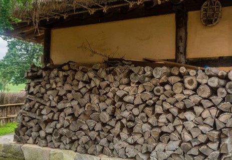 Firewood logs stacked neatly next to exterior wall of old thatched roof building in public park in
