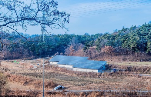 Large array of solar panels setup in countryside in front of hillside covered in lush foliage under