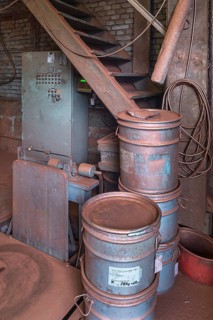 Bronze powder bins in the production room of a metal powder mill, founded around 1900, Igensdorf,