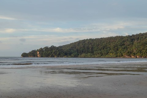 Bako national park, sea sandy beach, overcast, cloudy day, sky and sea. Vacation, travel, tropics
