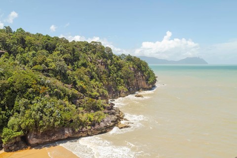 Bako national park, sea sandy beach, sunny day, blue sky and sea. Vacation, travel, tropics