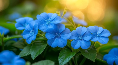 Intense Ceratostigma willmottianum Forest Blue flowers against green foliage with a gentle bokeh