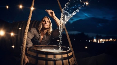 Young man Aquarius according to the zodiac sign with blond hair and blue eyes against the