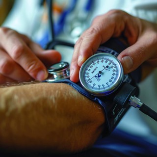 A man checks his blood pressure with a measuring device. Avoidance of bulk hypertension, scarcity,