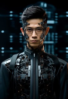 Portrait of a man with cybernetic implants and visible electronics on a futuristic background,