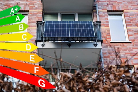 Balcony power station on an apartment block, diagram with energy efficiency classes for buildings