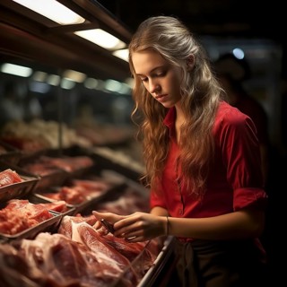 Young woman shopping in supermarket, at the cheese counter, meat counter, fruit stand, bakery, fish