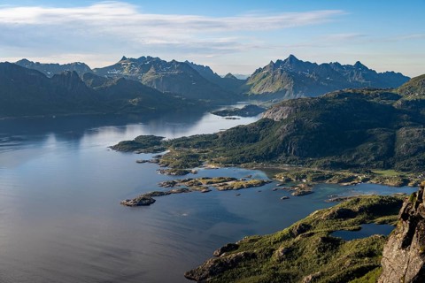 Fjord Raftsund and mountains, view from the top of Dronningsvarden or Stortinden, Vesteralen,